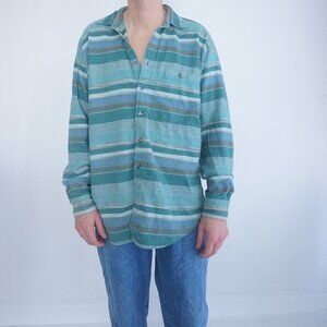 Vintage Picdor Green Blue Stripe Western Cowboy Button Up Shirt Medium